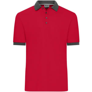 A red polo shirt with grey collar and sleeve detailing featuring buttons and a logo.