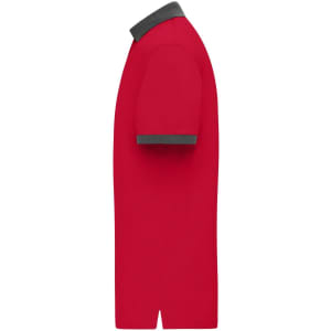 A red polo shirt featuring a contrasting grey collar and sleeves. The shirt has a logo on it.