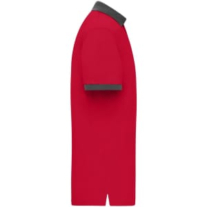 A red men's polo shirt with a contrasting grey collar and cuffs, featuring a logo on the chest area.