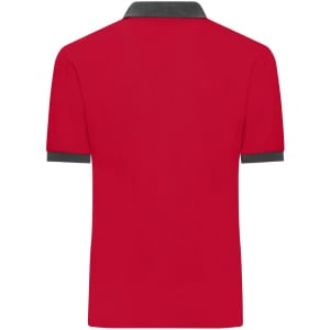 A red polo shirt with a contrasting grey collar, featuring a logo on the front.