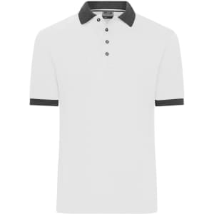 A white men's polo shirt featuring a dark grey collar and sleeve cuffs, with a logo on the chest.