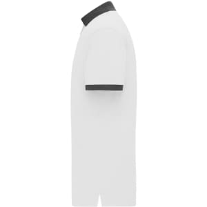 A white men's polo shirt featuring a contrasting dark collar and sleeve cuffs. It has a logo on it.