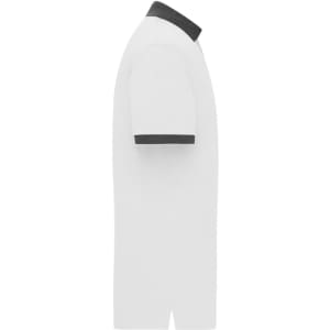 A white polo shirt with a dark collar and cuffs, featuring a logo on the chest. Side view displayed.