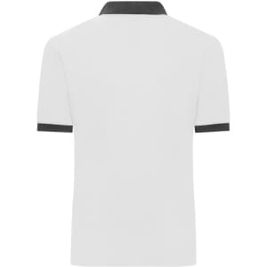 A white men's polo shirt featuring a contrasting dark collar and sleeves, with a simple design and back view.
