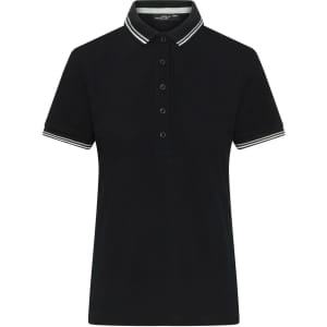 A black ladies polo shirt with a collar and buttons, featuring contrasting white stripes. It has a logo on the chest.