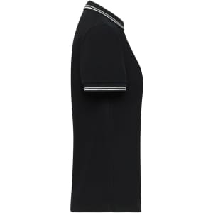 A black ladies polo shirt with short sleeves and contrasting stripes on the collar and sleeves. It features a logo.