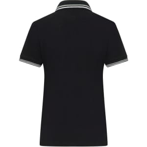 A black ladies polo shirt featuring a classic collar and contrasting stripes on the collar. It has a logo.