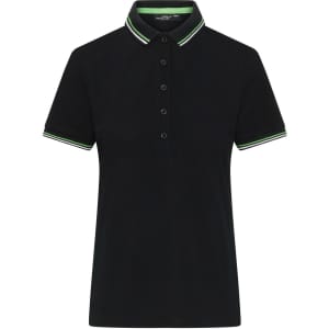 A black ladies polo shirt with a collar and buttons, featuring green and white trim. Includes a logo.