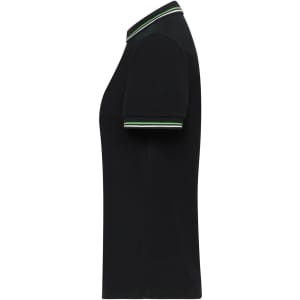 A black ladies polo shirt with a contrasting collar and sleeves, featuring a logo on the chest.