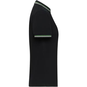 A black ladies polo shirt featuring short sleeves with a striped collar detail. It has a logo on the chest.