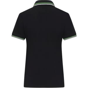 A black ladies' polo shirt with a collar featuring green and white trim. It has a logo on the front.