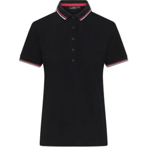 A black ladies polo shirt featuring a collared neckline and red and white striped detailing. It has a logo on the chest.