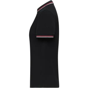 A black ladies polo shirt featuring short sleeves and a collared neck, adorned with a logo on the side.