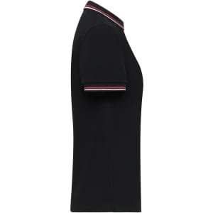 A black polo shirt featuring short sleeves and a collar with red and white accents. It has a logo.
