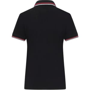 A black women's polo shirt featuring a striped collar and a logo on the front, shown from the back.