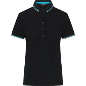 A black ladies' polo shirt featuring a collar with striped detailing and a button placket. It has a logo.