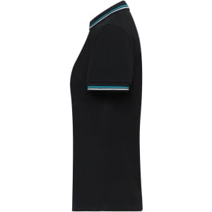 A black ladies polo shirt featuring contrasting trim on the collar and sleeves, with a logo on the chest.