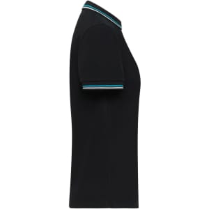 A black ladies polo shirt featuring contrasting stripes on the collar and sleeves, with a logo on the front.
