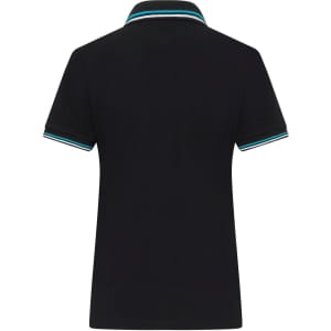A black ladies polo shirt featuring a collar with teal and white stripes. It has a branding logo.