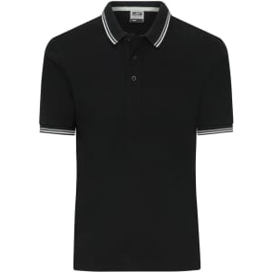 A black men's polo shirt with contrasting white stripes on the collar and sleeves. It features a logo on the chest.