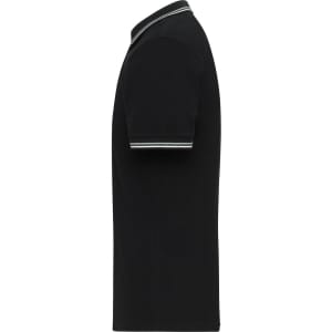 A black men's polo shirt with contrasting trim on the collar and sleeves. It has a logo on it.