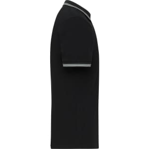 A black men's polo shirt featuring a striped collar and sleeves, with a logo on the chest.