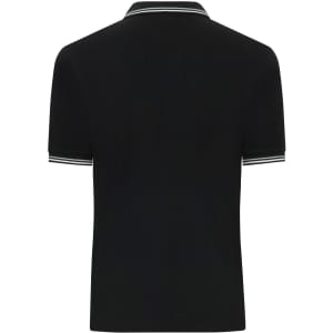 A black polo shirt featuring contrasting white trim on the collar and sleeves. It has a logo.
