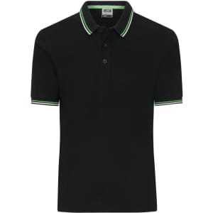 A black polo shirt featuring a collar with green and white stripes, complete with a logo on the chest.