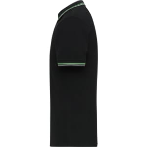 A black polo shirt with a contrasting collar featuring green and white stripes, shown from the side.
