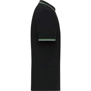 A black men's polo shirt featuring short sleeves and a striped collar. It has a logo on the chest.