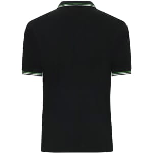 A black men's polo shirt with a collar and contrasting green and white details on the sleeves. Includes a logo.