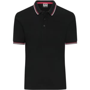 A black polo shirt featuring a collared neckline and red and white striped detailing on the sleeves. It has a logo.