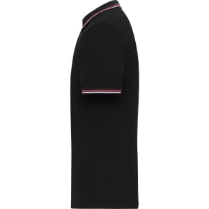 A black polo shirt with a slim fit, featuring a collar with a contrasting trim and short sleeves.