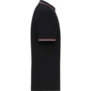 A black polo shirt with a stylish collar featuring red and white stripes, displaying a brand logo.