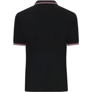 A black polo shirt featuring contrasting striped detailing on the collar and sleeves. It has a logo on the side.