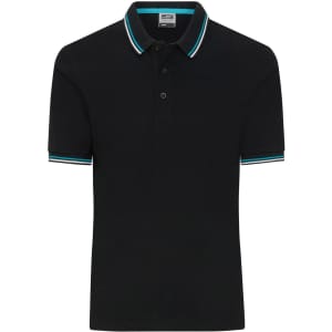 A black men's polo shirt with contrasting blue and green stripes on the collar and sleeves. It features a logo on the chest.