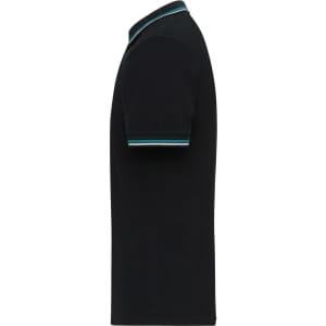 A black men's polo shirt featuring a contrasting striped collar and sleeves. It has a logo on the chest.