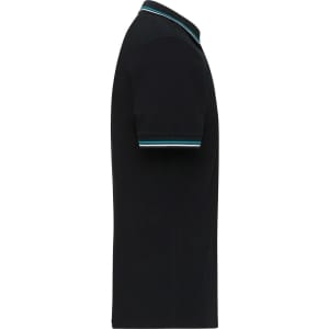A black polo shirt featuring a contrasting collar and sleeve stripes, with a logo on the chest.