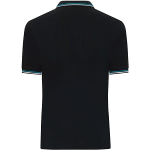 A black men's polo shirt with a contrasting turquoise trim on the collar and sleeves, featuring a logo.