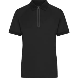 A black ladies zip-polo shirt featuring a half zip and a collar. The shirt has short sleeves and a sleek design.