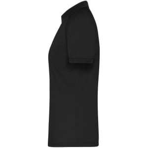 A black ladies zip polo shirt, featuring short sleeves and a classic collar, with a logo present.