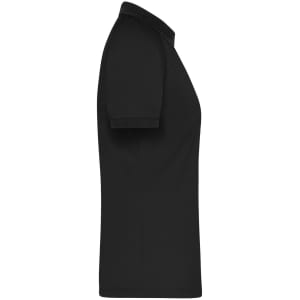 A black ladies zip polo shirt featuring short sleeves and a collar, with a logo on the front.