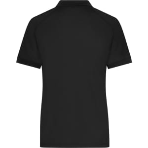 A black ladies zip-polo shirt featuring short sleeves and a back view. Includes a logo on the fabric.