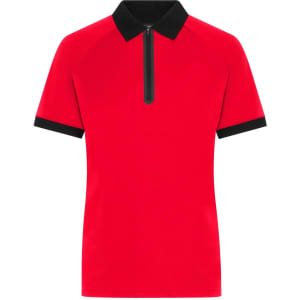 A red polo shirt featuring a zip collar and black accents on the sleeves. It has a logo on the front.