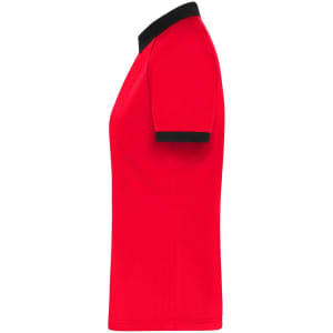 A red polo shirt with short sleeves and a contrasting black collar, featuring a logo.