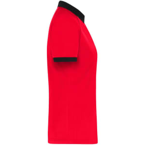 A red ladies zip polo shirt with a black collar and sleeve accents, featuring a logo.