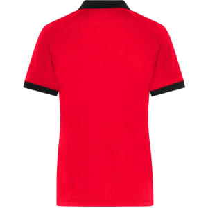 A red ladies zip-polo shirt featuring a black collar and sleeves, with a logo displayed on the shirt.