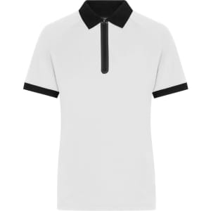 A white ladies zip-polo shirt with a black collar and black sleeve cuffs, featuring a zip closure at the front.