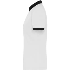 A white ladies zip polo shirt with black collar and sleeve trim, featuring a logo on the chest.