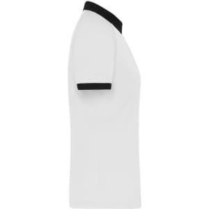 A white ladies' zip polo shirt featuring a black collar and cuffs, showcasing a sleek side profile.
